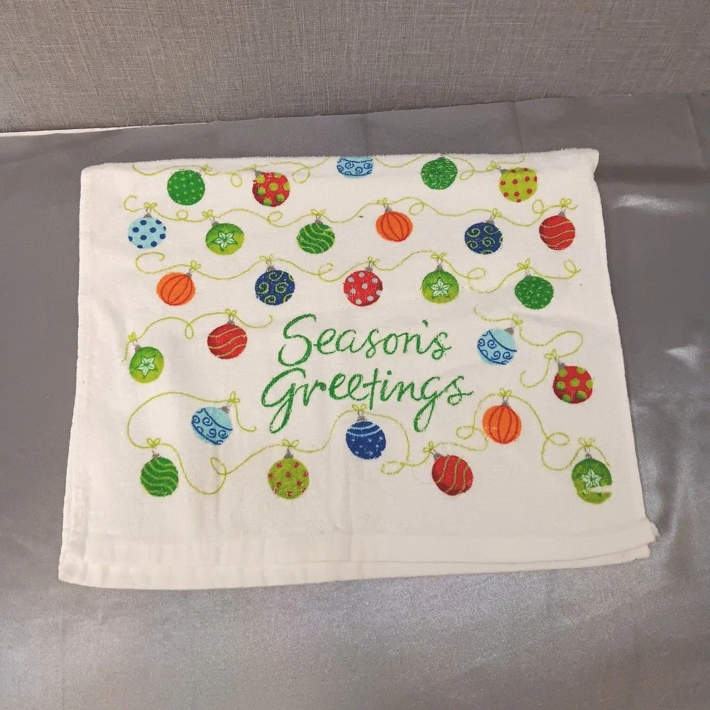 Christmas Kitchen Hand Towel Seasons Greetings Colorful Ornaments Holiday‎ Decor